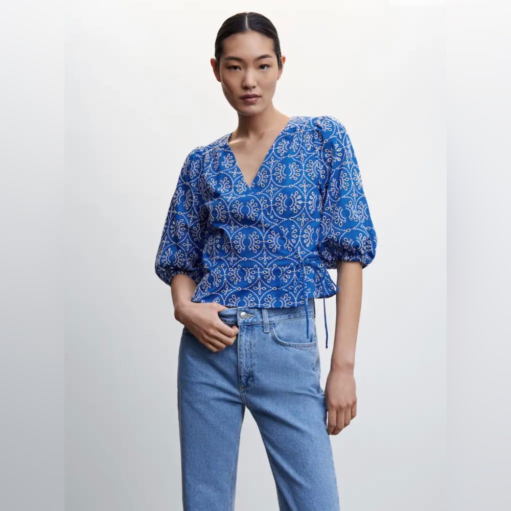 Mango embroidered open work puff sleeve wrap blouse